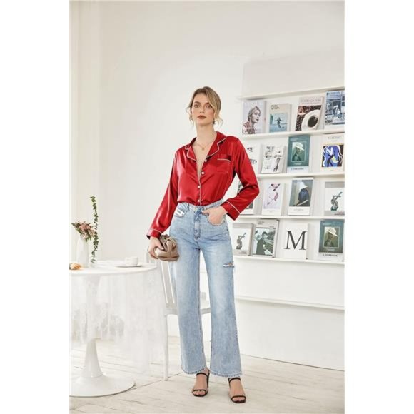 Ekouaer Women's Classic Button Down Long Satin Silk Pajama Set - Picture 5 of 6